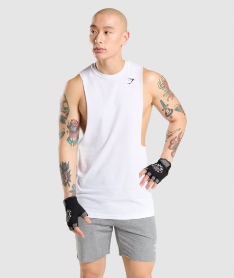 Men's Gymshark Critical Drop Arm Tanks White | CA 510A73